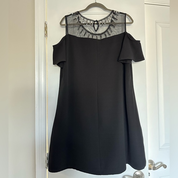 Black Off the Shoulder Short Sleeve Dress with Open Shoulders and Gems - Picture 5 of 6